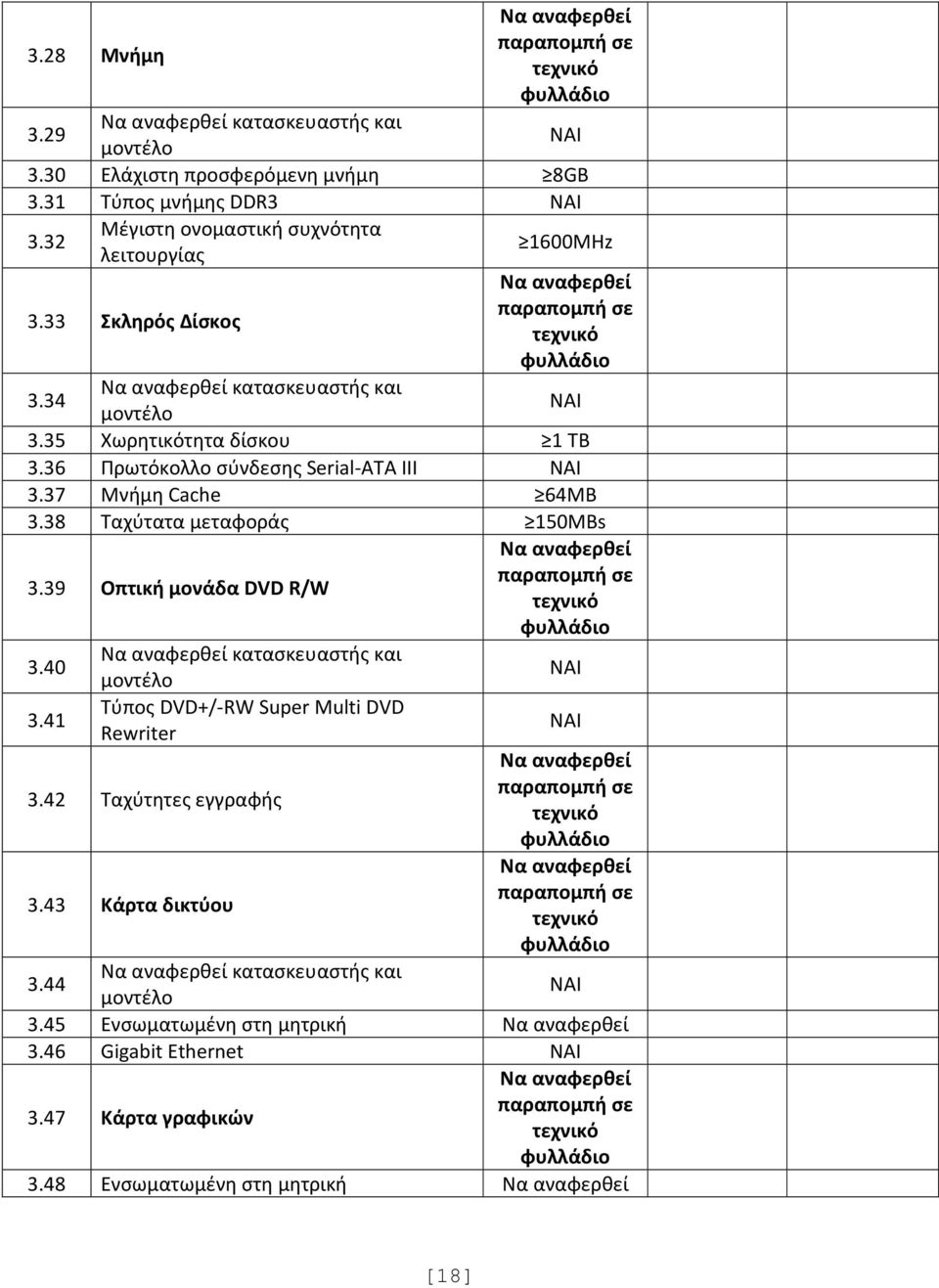 36 Πρωτόκολλο σύνδεσης Serial-ATA III 3.37 Μνήμη Cache 64MB 3.38 Ταχύτατα μεταφοράς 150MBs 3.39 Οπτική μονάδα DVD R/W 3.40 κατασκευαστής και 3.