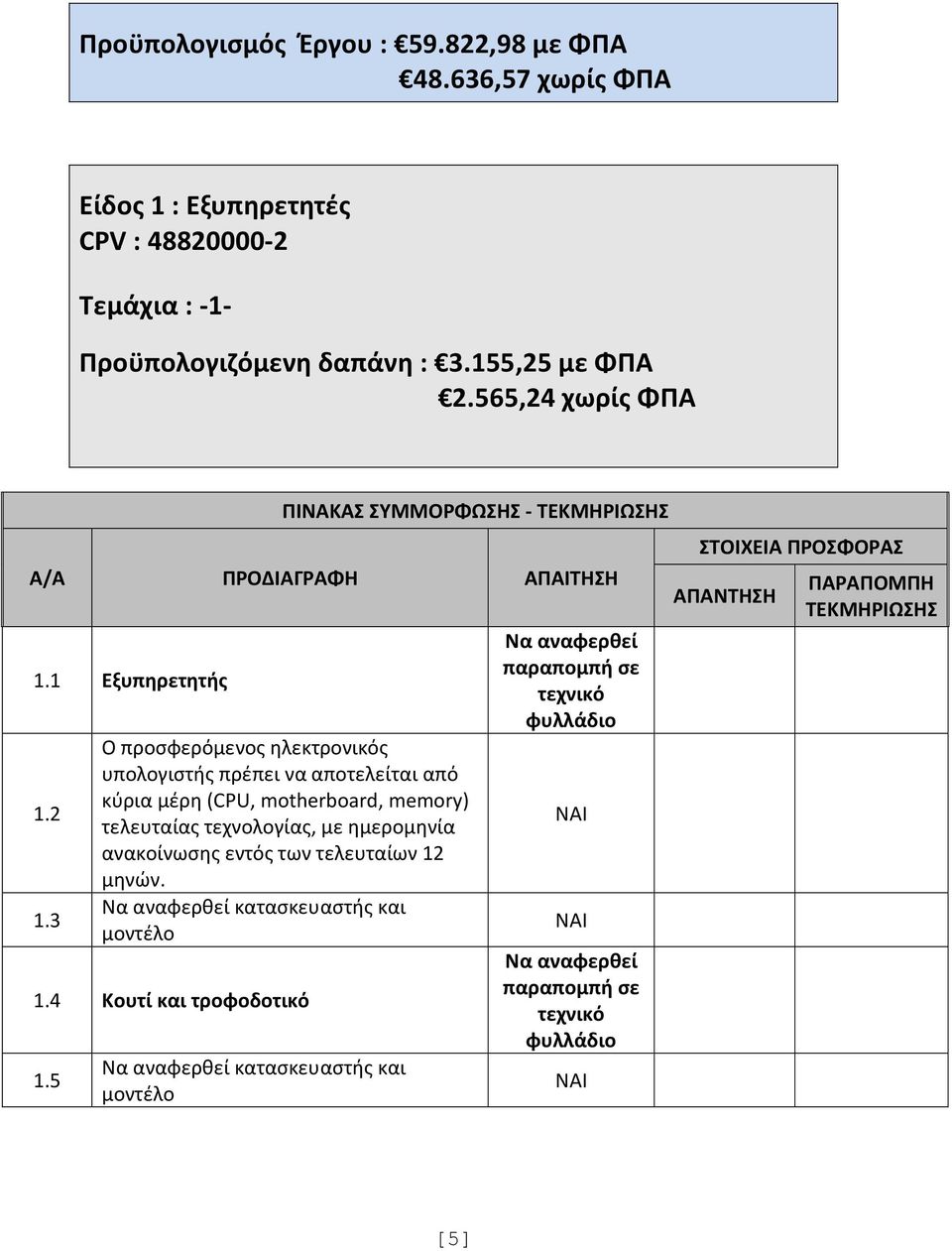 565,24 χωρίς ΦΠΑ ΠΙΝΑΚΑΣ ΣΥΜΜΟΡΦΩΣΗΣ - ΤΕΚΜΗΡΙΩΣΗΣ Α/Α ΠΡΟΔΙΑΓΡΑΦΗ ΑΠΑΙΤΗΣΗ 1.1 Εξυπηρετητής 1.2 1.