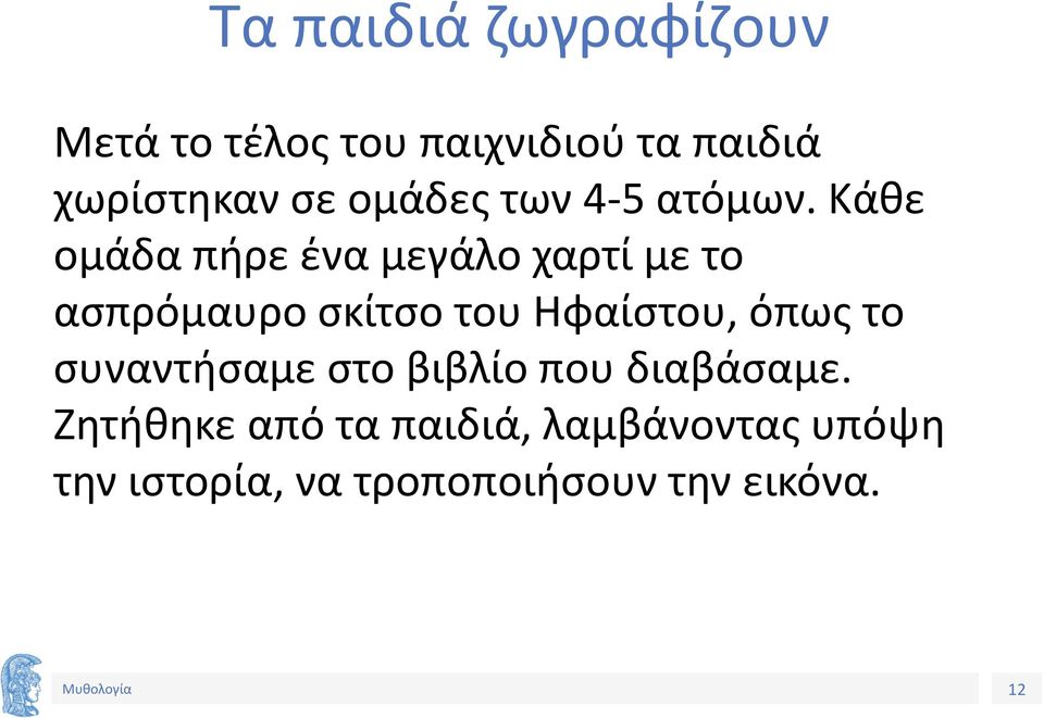 Κάθε ομάδα πήρε ένα μεγάλο χαρτί με το ασπρόμαυρο σκίτσο του Ηφαίστου, όπως