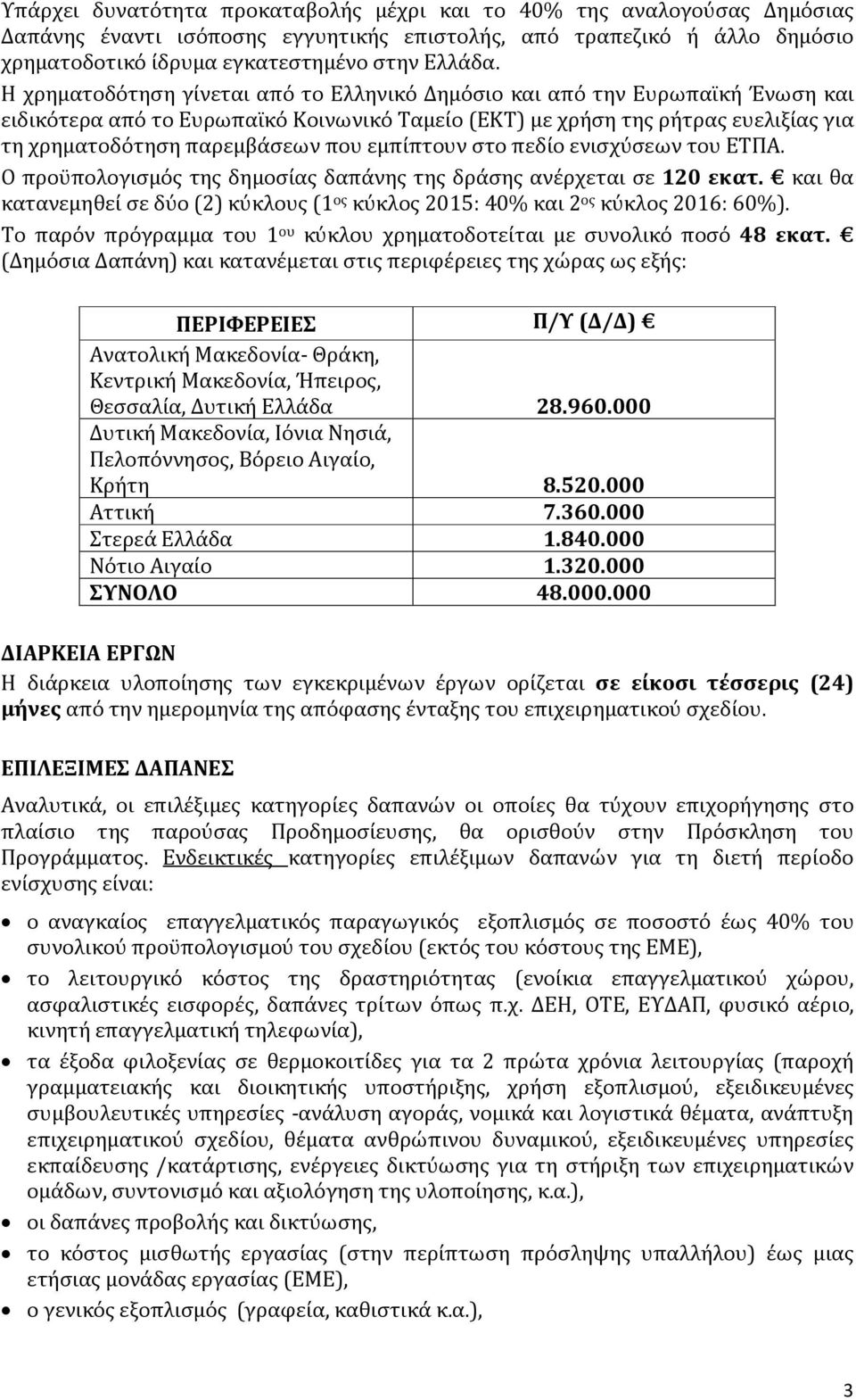 εμπίπτουν στο πεδίο ενισχύσεων του ΕΤΠΑ. Ο προϋπολογισμός της δημοσίας δαπάνης της δράσης ανέρχεται σε 120 εκατ.