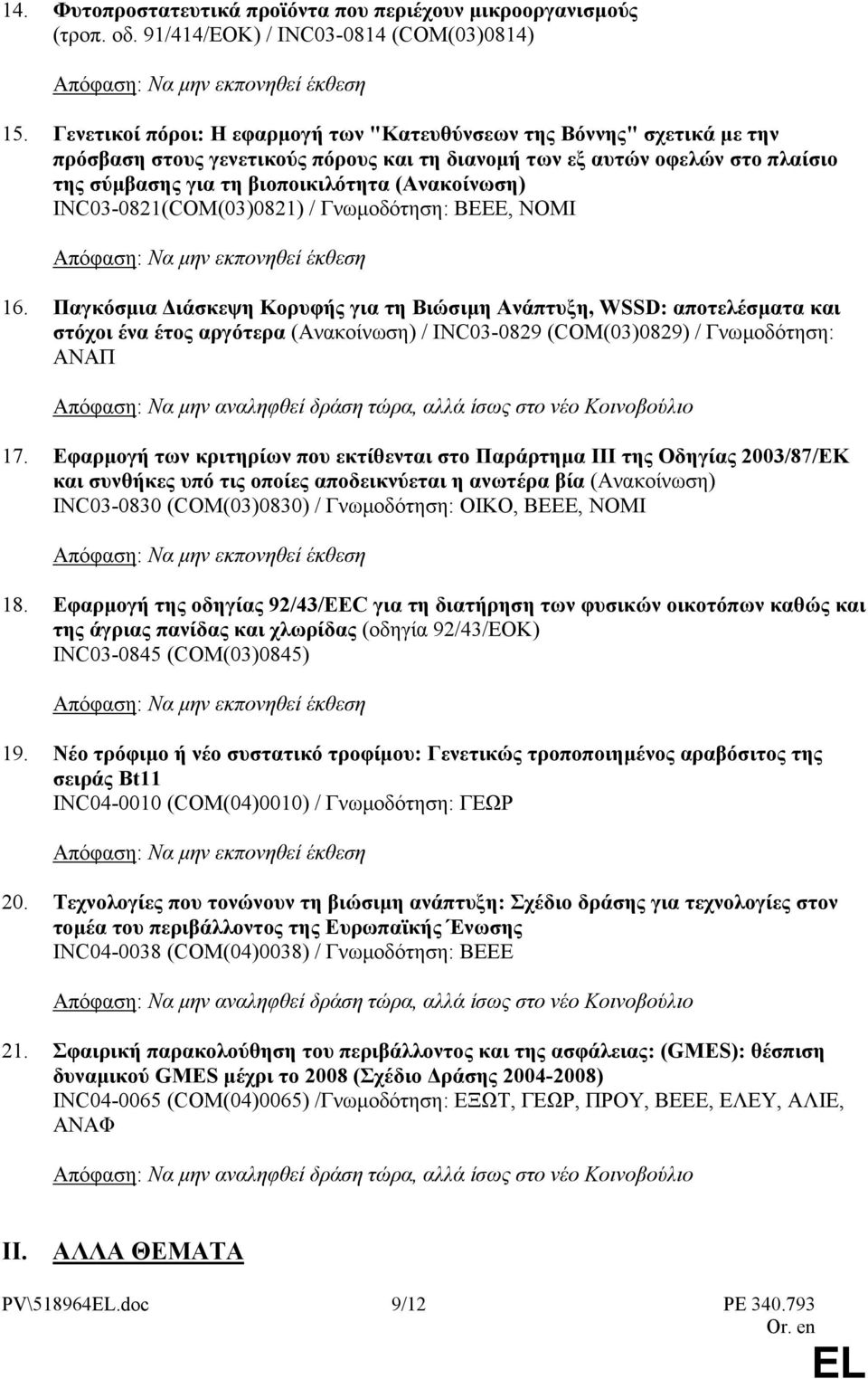 (Ανακοίνωση) INC03-0821(COM(03)0821) / Γνωµοδότηση: ΒΕΕΕ, ΝΟΜΙ Απόφαση: Να µην εκπονηθεί έκθεση 16.