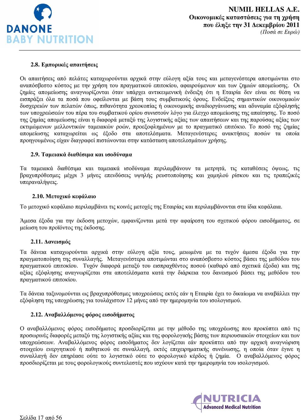 Οι ζηµίες αποµείωσης αναγνωρίζονται όταν υπάρχει αντικειµενική ένδειξη ότι η Εταιρία δεν είναι σε θέση να εισπράξει όλα τα ποσά που οφείλονται µε βάση τους συµβατικούς όρους.