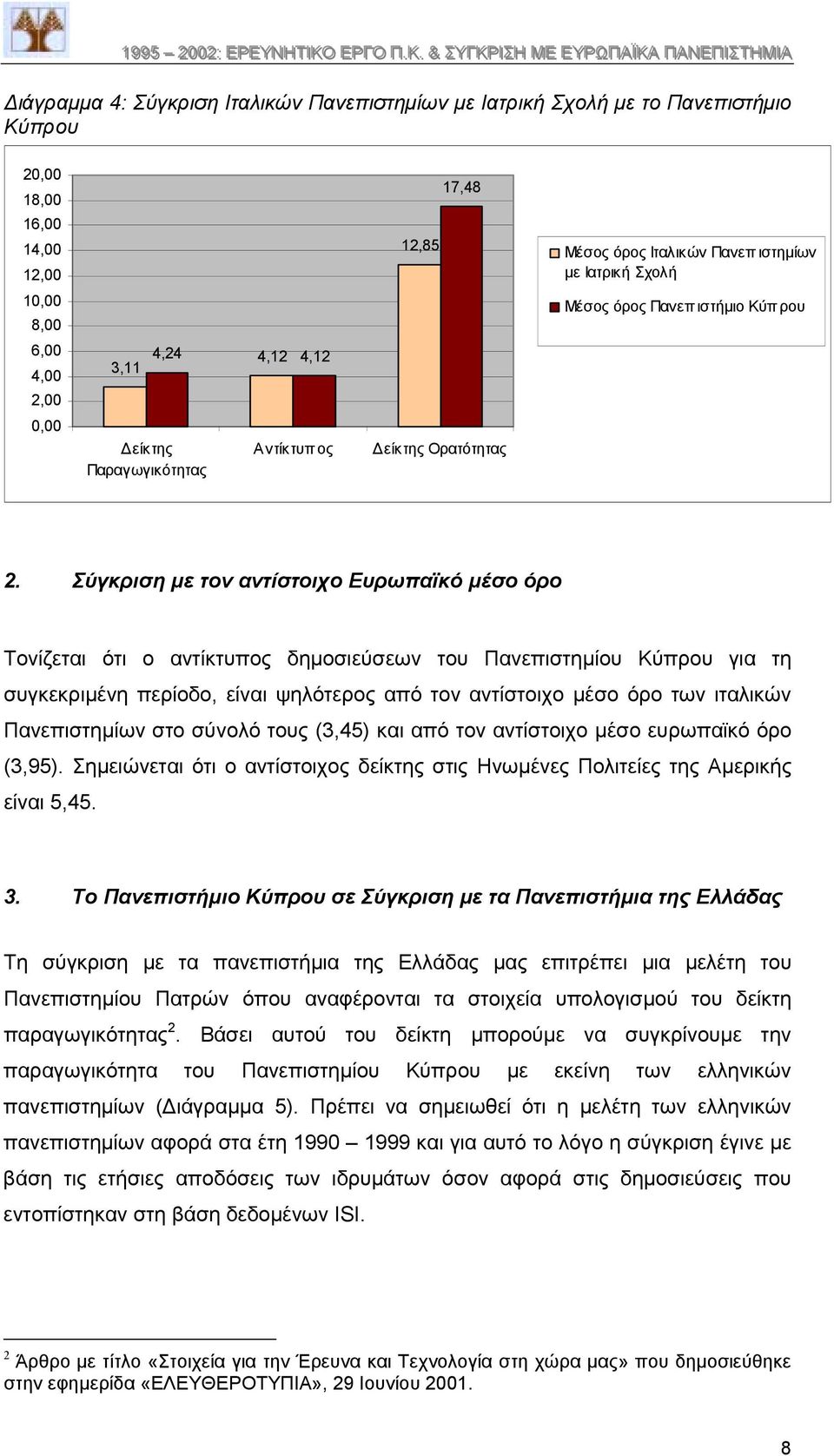Σύγκριση µε τον αντίστοιχο Ευρωπαϊκό µέσο όρο Τονίζεται ότι ο αντίκτυπος δηµοσιεύσεων του Πανεπιστηµίου Κύπρου για τη συγκεκριµένη περίοδο, είναι ψηλότερος από τον αντίστοιχο µέσο όρο των ιταλικών