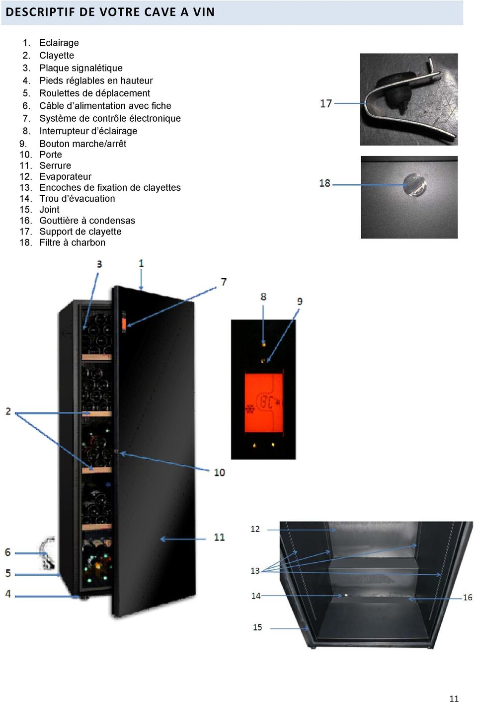 Système de contrôle électronique 8. Interrupteur d éclairage 9. Bouton marche/arrêt 10. Porte 11. Serrure 12.