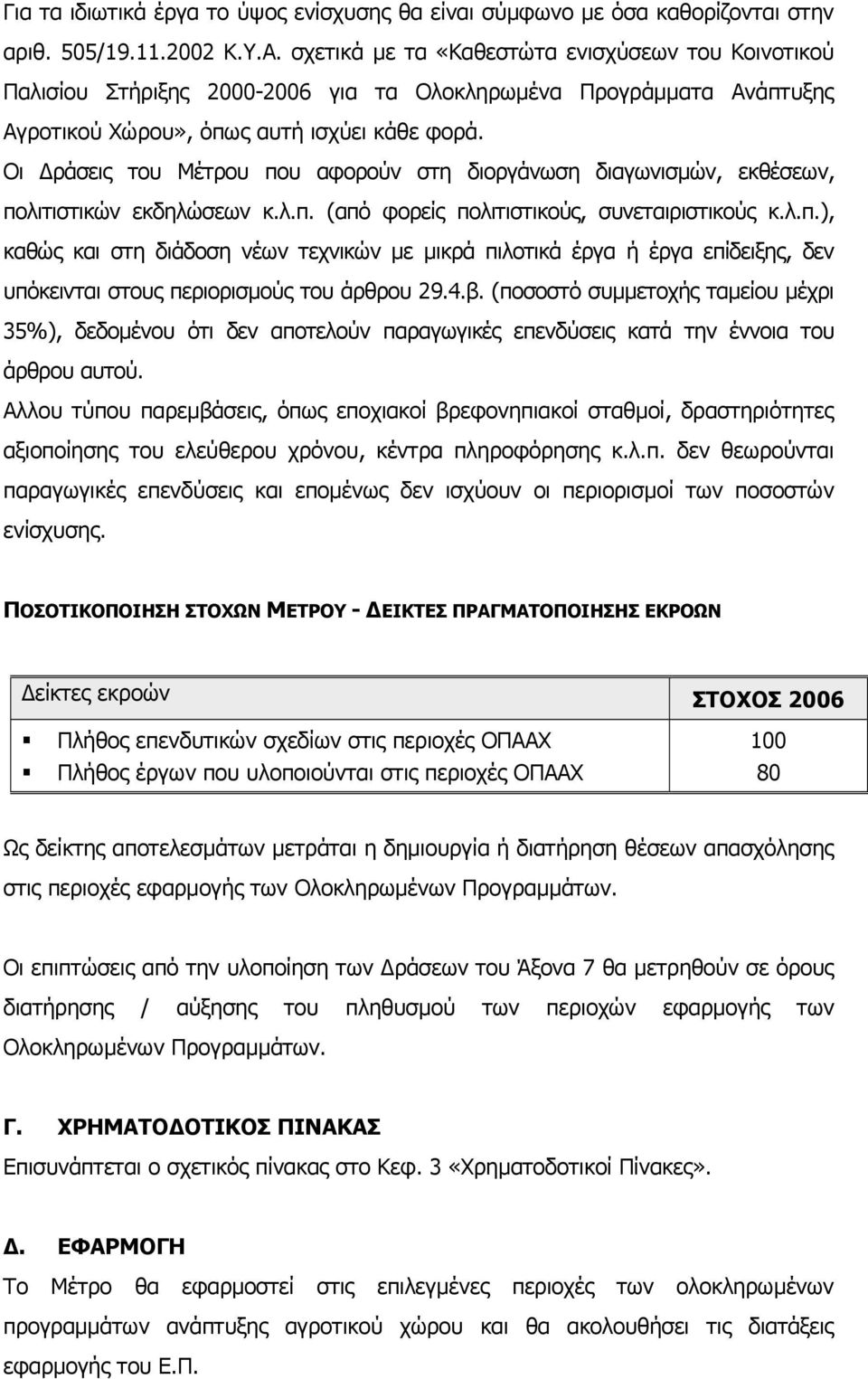 Οι ράσεις του Μέτρου που αφορούν στη διοργάνωση διαγωνισµών, εκθέσεων, πολιτιστικών εκδηλώσεων κ.λ.π. (από φορείς πολιτιστικούς, συνεταιριστικούς κ.λ.π.), καθώς και στη διάδοση νέων τεχνικών µε µικρά πιλοτικά έργα ή έργα επίδειξης, δεν υπόκεινται στους περιορισµούς του άρθρου 29.