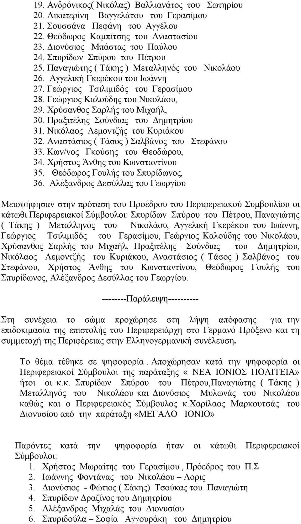 Χρύσανθος Σαρλής του Μιχαήλ, 30. Πραξιτέλης Σούνδιας του Δημητρίου 31. Νικόλαος Λεμοντζής του Κυριάκου 32. Αναστάσιος ( Τάσος ) Σαλβάνος του Στεφάνου 33. Κων/νος Γκούσης του Θεοδώρου, 34.