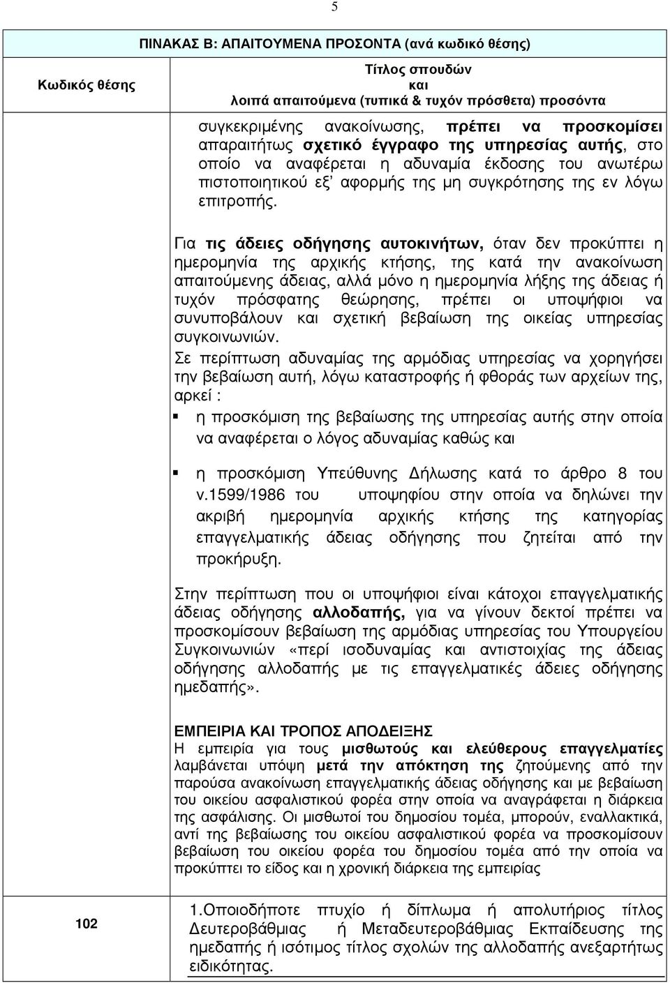 Για τις άδειες οδήγησης αυτοκινήτων, όταν δεν προκύπτει η ηµεροµηνία της αρχικής κτήσης, της κατά την ανακοίνωση απαιτούµενης άδειας, αλλά µόνο η ηµεροµηνία λήξης της άδειας ή τυχόν πρόσφατης