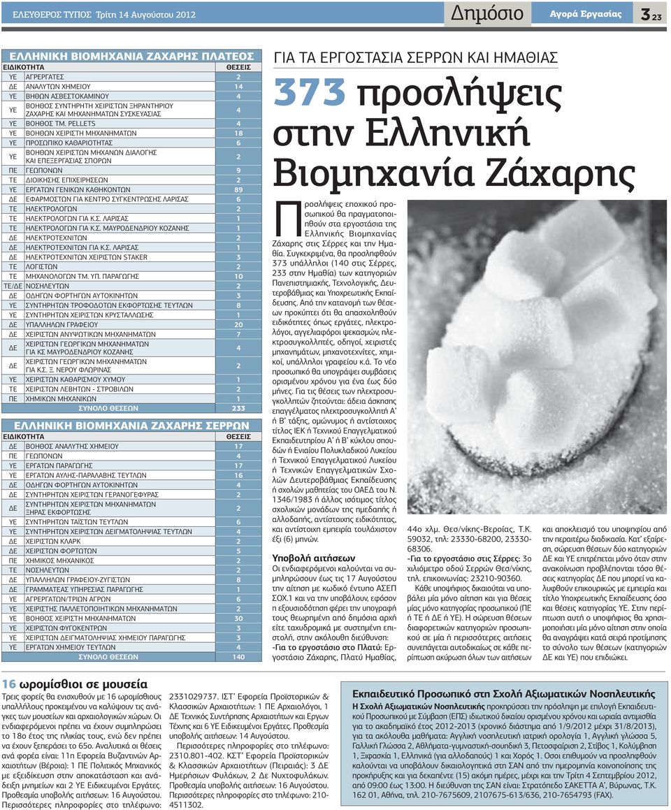 PELLETS 4 ΥΕ ΒΟΗΘΩΝ ΧΕΙΡΙΣΤΗ ΜΗΧΑΝΗΜΑΤΩΝ 18 ΥΕ ΠΡΟΣΩΠΙΚΟ ΚΑΘΑΡΙΟΤΗΤΑΣ 6 ΥΕ ΒΟΗΘΩΝ ΧΕΙΡΙΣΤΩΝ ΜΗΧΑΝΩΝ ΙΑΛΟΓΗΣ ΚΑΙ ΕΠΕΞΕΡΓΑΣΙΑΣ ΣΠΟΡΩΝ 2 ΠΕ ΓΕΩΠΟΝΩΝ 9 ΤΕ ΙΟΙΚΗΣΗΣ ΕΠΙΧΕΙΡΗΣΕΩΝ 2 ΥΕ ΕΡΓΑΤΩΝ ΓΕΝΙΚΩΝ