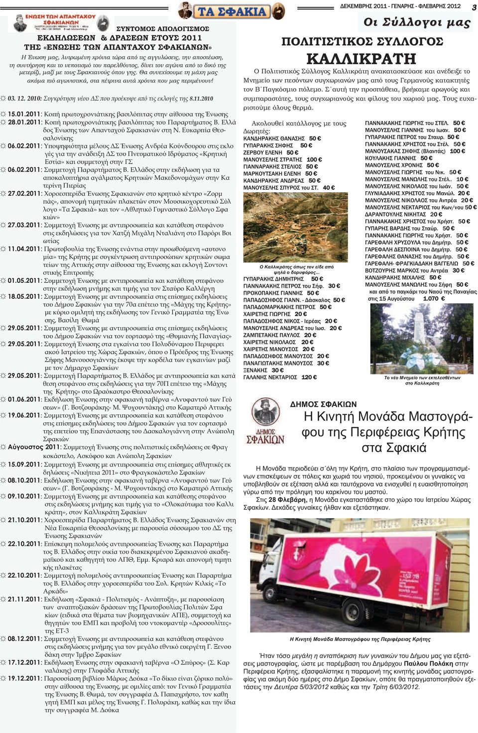 2010: Συγκρότηση νέου Σ ϖου ϖροέκυψε αϖό τις εκλογές της 8.11.2010 15.01.2011: Κοϖή ϖρωτοχρονιάτικης βασιλόϖιτας στην αίθουσα της Ένωσης 28.01.2011: Κοϖή ϖρωτοχρονιάτικης βασιλόϖιτας του Παραρτήµατος Β.