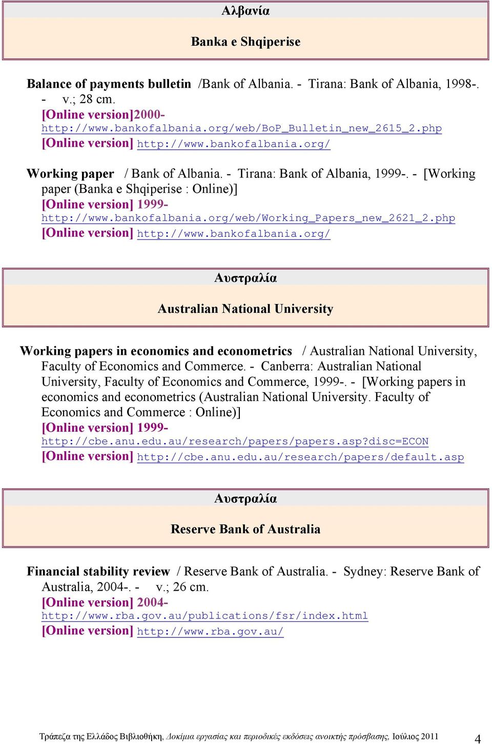 bankofalbania.org/web/working_papers_new_2621_2.php [Online version] http://www.bankofalbania.org/ Αυστραλία Australian National University Working papers in economics and econometrics / Australian National University, Faculty of Economics and Commerce.