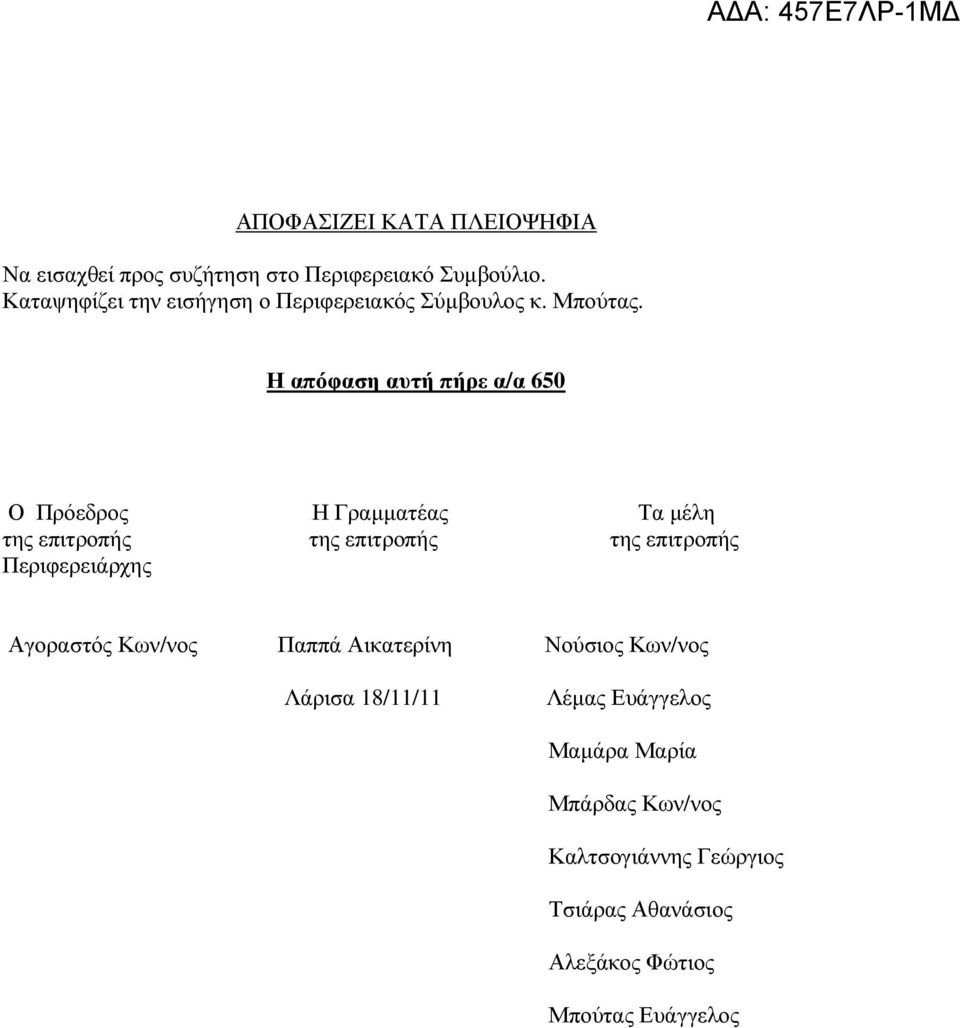 Η απόφαση αυτή πήρε α/α 650 Ο Πρόεδρος Η Γραµµατέας Τα µέλη της επιτροπής της επιτροπής της επιτροπής