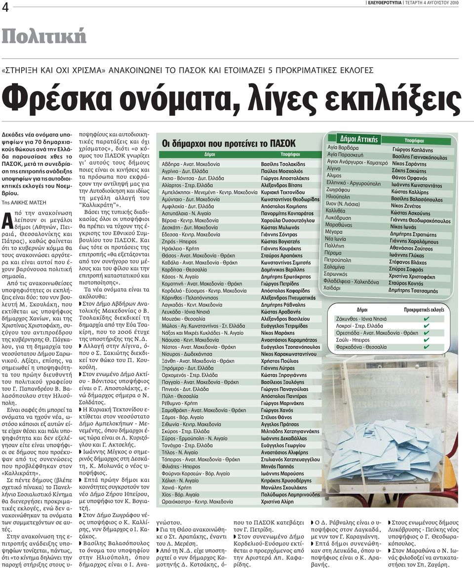 TË π ª πό την ανακοίνωση λείπουν οι µεγάλοι δήµοι (Αθηνών, Πειραιά, Θεσσαλονίκης και Πάτρας), καθώς φαίνεται ότι το κυβερνών κόµµα θα τους ανακοινώσει αργότερα και είναι αυτοί που έ- χουν βαρύνουσα