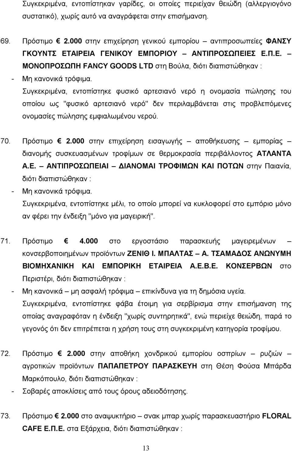 ΑΙΡΕΙΑ ΓΕΝΙΚΟΥ ΕΜΠΟΡΙΟΥ ΑΝΤΙΠΡΟΣΩΠΕΙΕΣ Ε.Π.Ε. ΜΟΝΟΠΡΟΣΩΠΗ FANCY GOODS LTD στη Βούλα, διότι διαπιστώθηκαν : Συγκεκριμένα, εντοπίστηκε φυσικό αρτεσιανό νερό η ονομασία πώλησης του οποίου ως "φυσικό