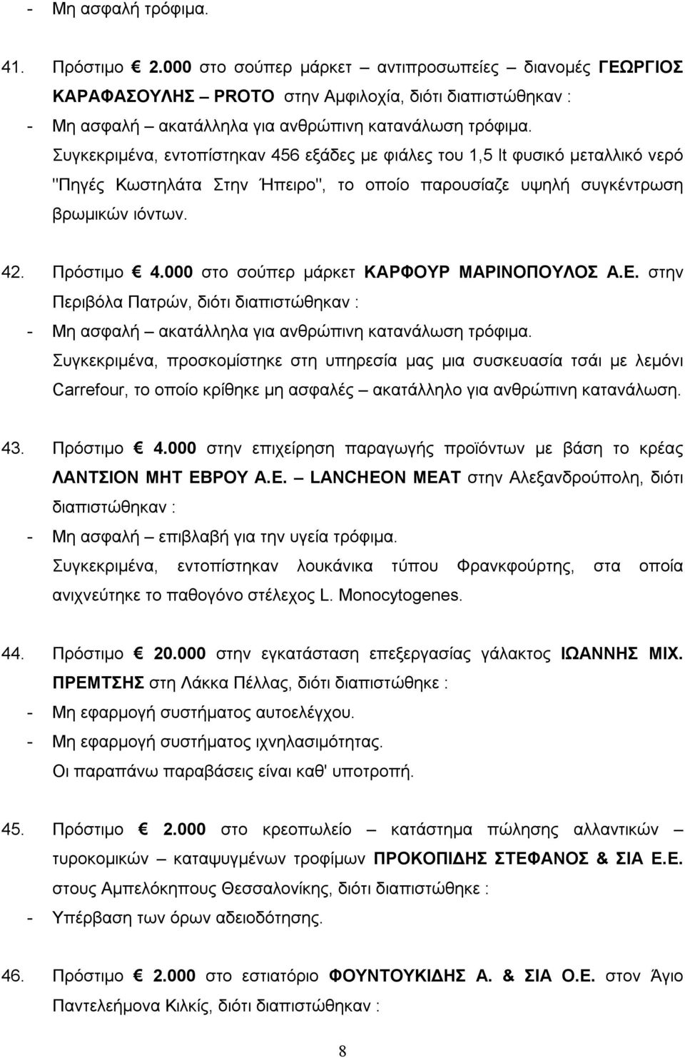 Κωστηλάτα Στην Ήπειρο", το οποίο παρουσίαζε υψηλή συγκέντρωση βρωμικών ιόντων. 42. Πρόστιμο 4.000 στο σούπερ μάρκετ ΚΑΡΦΟΥΡ ΜΑΡΙΝΟΠΟΥΛΟΣ Α.Ε.