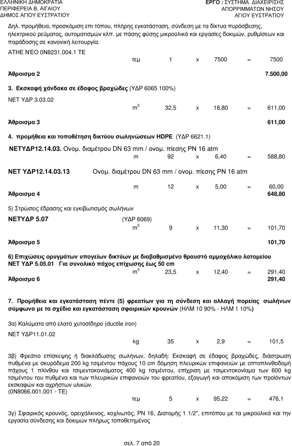 03.02 m 3 32,5 x 18,80 = 611,00 Άθροισµα 3 611,00 4. προµήθεια και τοποθέτηση δικτύου σωληνώσεων HDPE (Υ Ρ 6621.1) Α. ΝΕΤΥ Ρ12.14.03.14Ονοµ. διαµέτρου DN 63 mm / ονοµ.