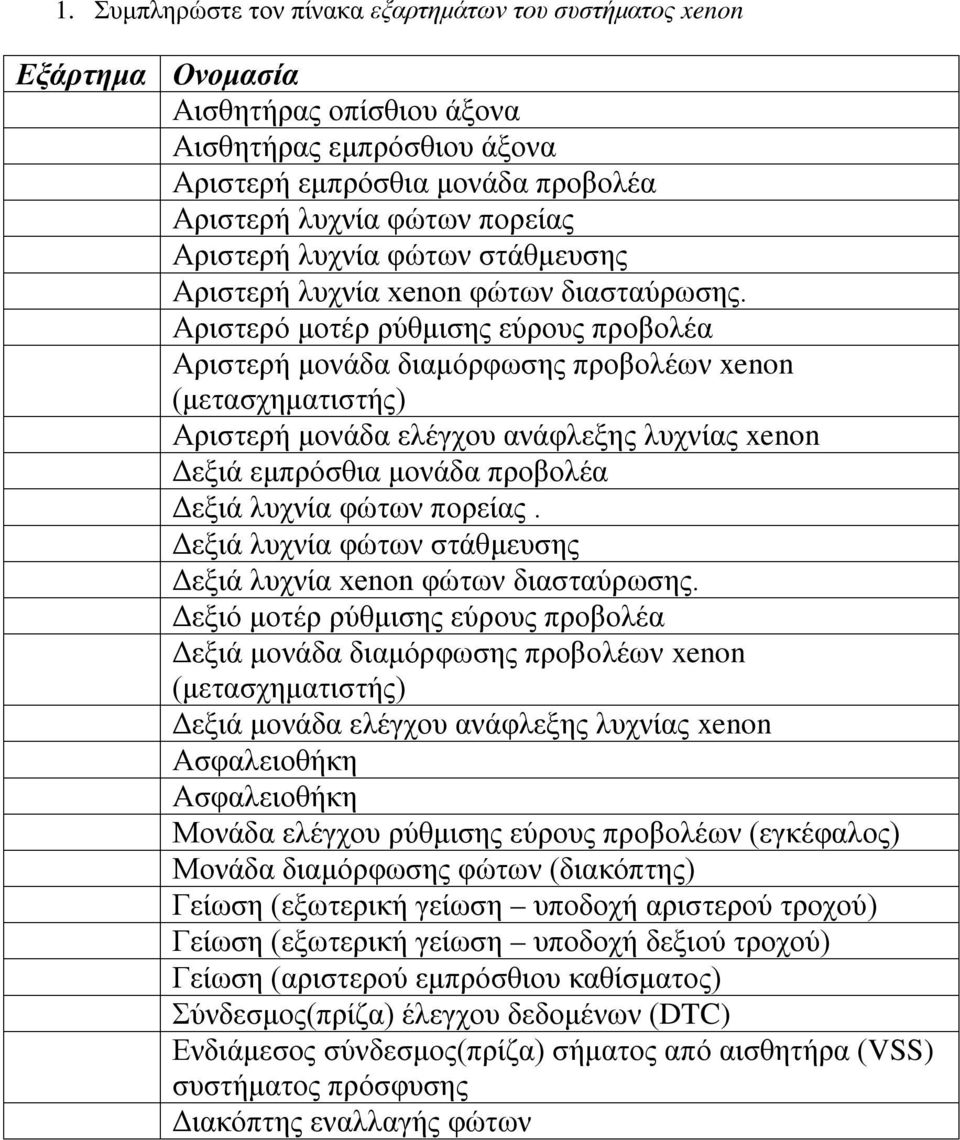 Αριστερό μοτέρ ρύθμισης εύρους προβολέα Αριστερή μονάδα διαμόρφωσης προβολέων xenon (μετασχηματιστής) Αριστερή μονάδα ελέγχου ανάφλεξης λυχνίας xenon Δεξιά εμπρόσθια μονάδα προβολέα Δεξιά λυχνία