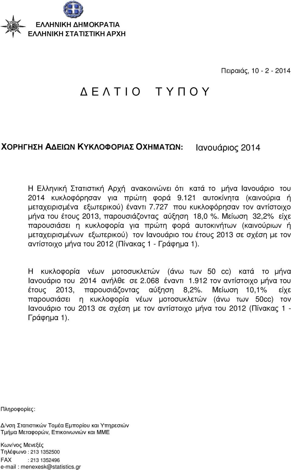 Μείωση 32,2% είχε παρουσιάσει η κυκλοφορία για πρώτη φορά αυτοκινήτων (καινούριων ή µεταχειρισµένων εξωτερικού) τoν Ιανουάριο του έτους 2013 σε σχέση µε τον αντίστοιχο µήνα του 2012 (Πίνακας 1 -