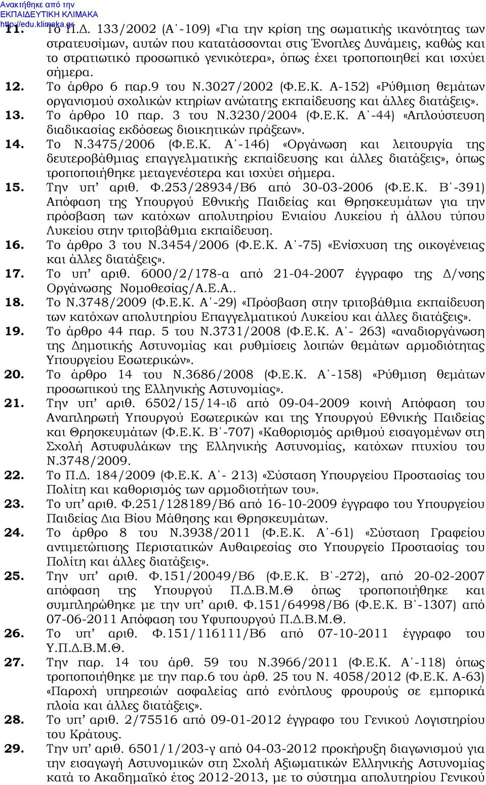 ισχύει σήμερα. 12. Το άρθρο 6 παρ.9 του Ν.3027/2002 (Φ.Ε.Κ. Α-152) «Ρύθμιση θεμάτων οργανισμού σχολικών κτηρίων ανώτατης εκπαίδευσης και άλλες διατάξεις». 13. Το άρθρο 10 παρ. 3 του Ν.3230/2004 (Φ.Ε.Κ. Α -44) «Απλούστευση διαδικασίας εκδόσεως διοικητικών πράξεων».