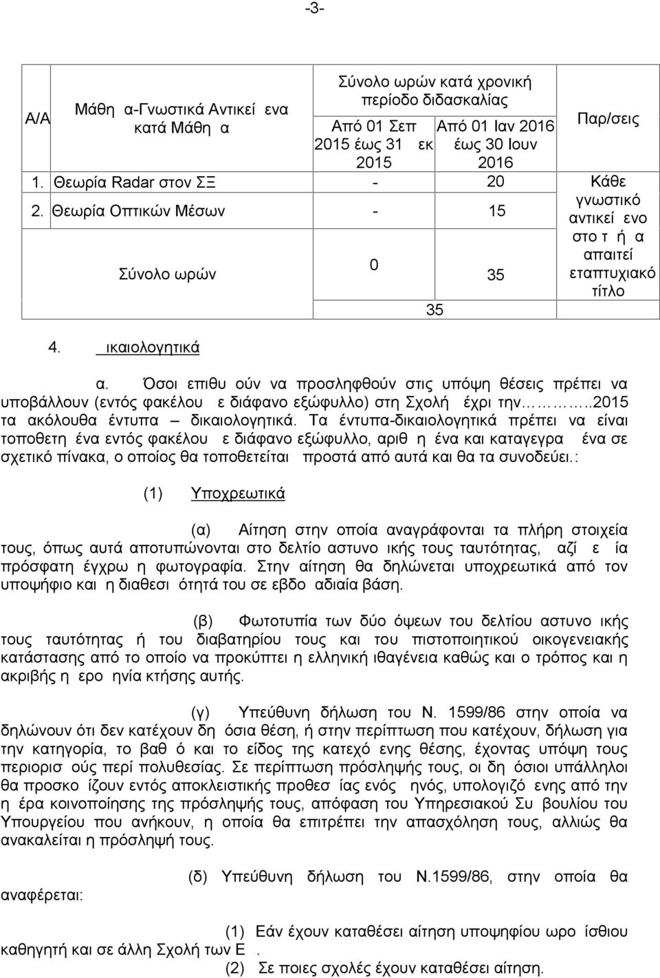 Όσοι επιθυμούν να προσληφθούν στις υπόψη θέσεις πρέπει να υποβάλλουν (εντός φακέλου με διάφανο εξώφυλλο) στη Σχολή μέχρι την..2015 τα ακόλουθα έντυπα δικαιολογητικά.