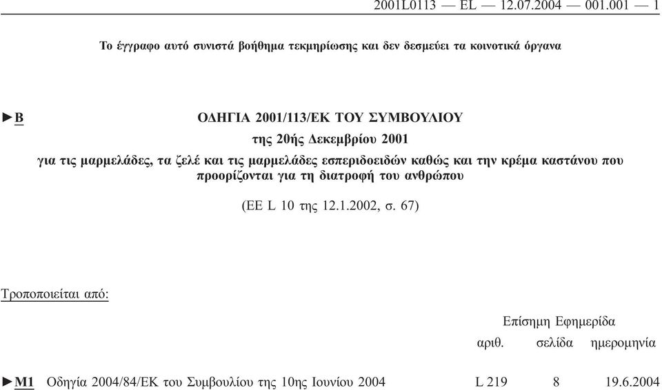 ΣΥΜΒΟΥΛΙΟΥ της 20ής Δεκεμβρίου 2001 για τις μαρμελάδες, τα ζελέ και τις μαρμελάδες εσπεριδοειδών καθώς και την κρέμα