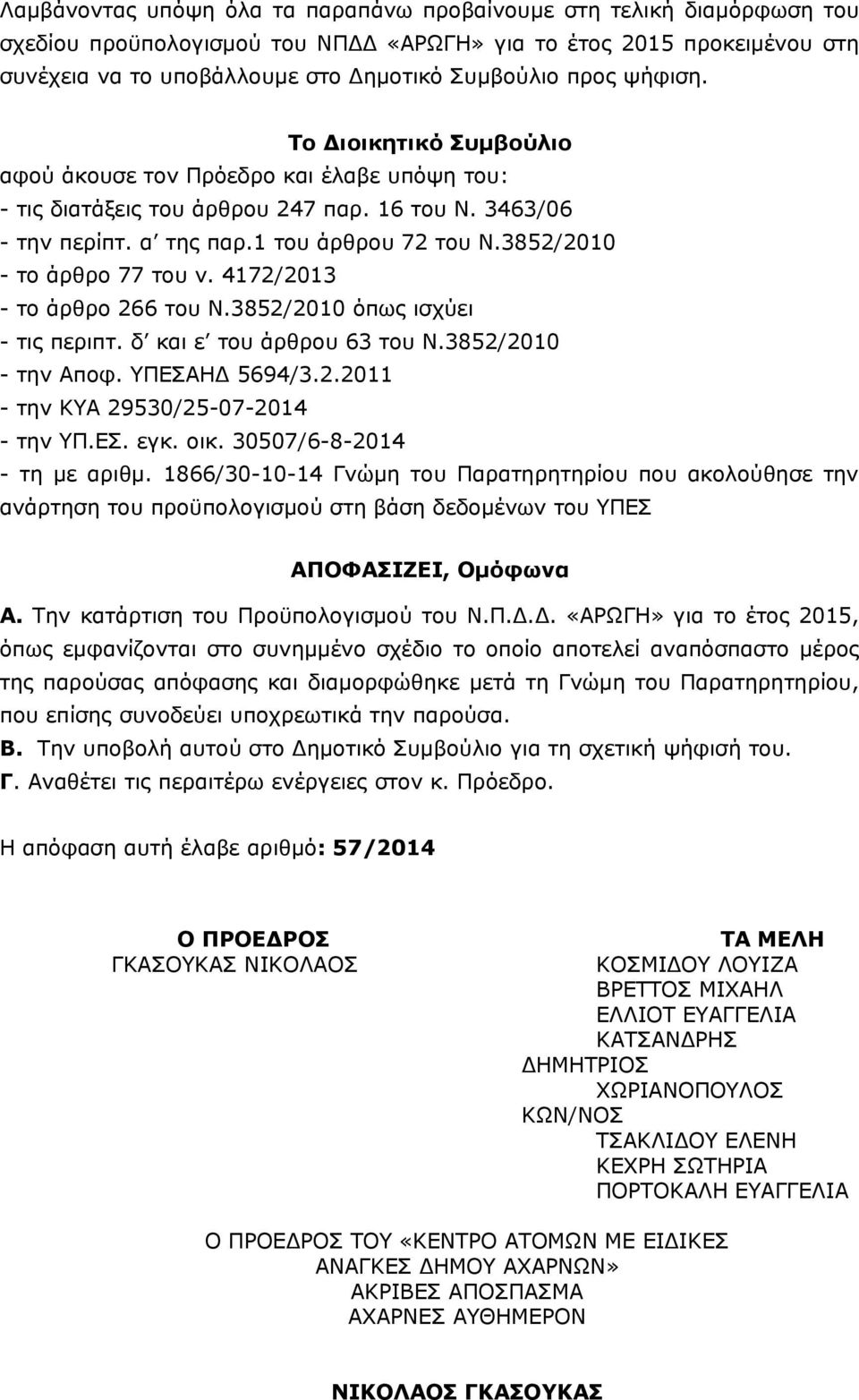 3852/2010 - το άρθρο 77 του ν. 4172/2013 - το άρθρο 266 του Ν.3852/2010 όπως ισχύει - τις περιπτ. δ και ε του άρθρου 63 του Ν.3852/2010 - την Αποφ. ΥΠΕΣΑΗΔ 5694/3.2.2011 - την ΚΥΑ 29530/25-07-2014 - την ΥΠ.