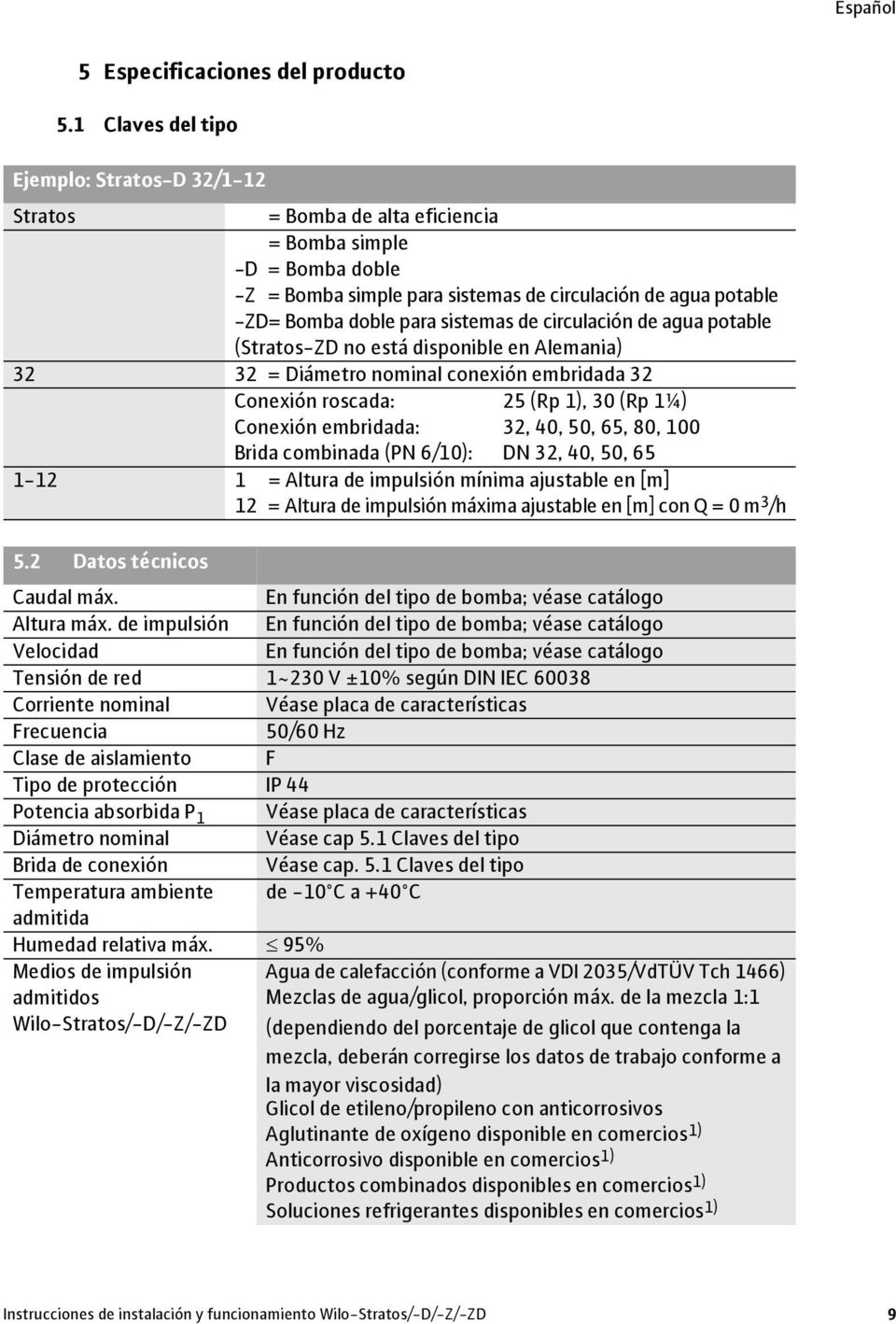 sistemas de circulación de agua potable (Stratos-ZD no está disponible en Alemania) 32 32 = Diámetro nominal conexión embridada 32 Conexión roscada: 25 (Rp 1), 30 (Rp 1¼) Conexión embridada: 32, 40,