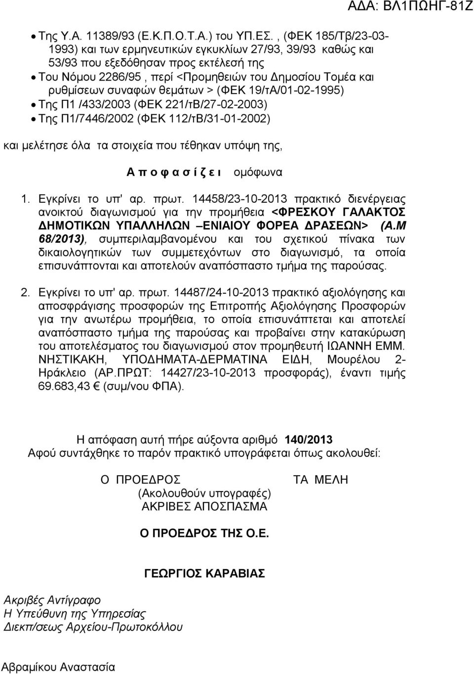 θεμάτων > (ΦΕΚ 19/τΑ/01-02-1995) Της Π1 /433/2003 (ΦΕΚ 221/τΒ/27-02-2003) Της Π1/7446/2002 (ΦΕΚ 112/τΒ/31-01-2002) και μελέτησε όλα τα στοιχεία που τέθηκαν υπόψη της, ΑΔΑ: ΒΛ1ΠΩΗΓ-81Ζ Α π ο φ α σ ί ζ