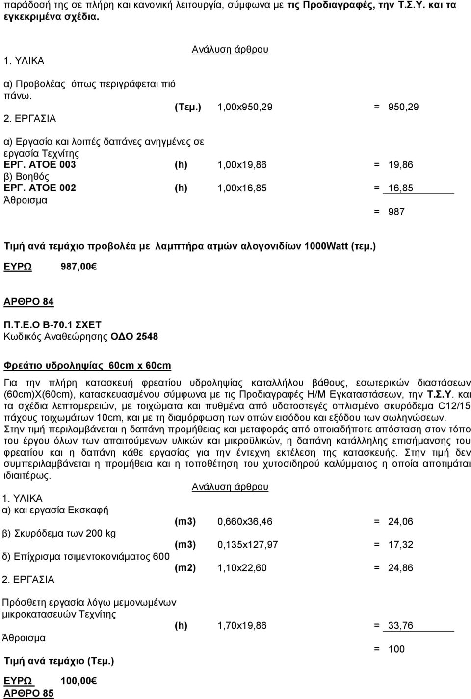 ΑΣΟΔ 002 (h) 1,00x16,85 = 16,85 = 987 Σηκή αλά ηεκάρην πξνβνιέα κε ιακπηήξα αηκώλ αινγνληδίσλ 1000Watt (ηεκ.) ΔΤΡΧ 987,00 ΑΡΘΡΟ 84 Π.Σ.Δ.Ο Β-70.