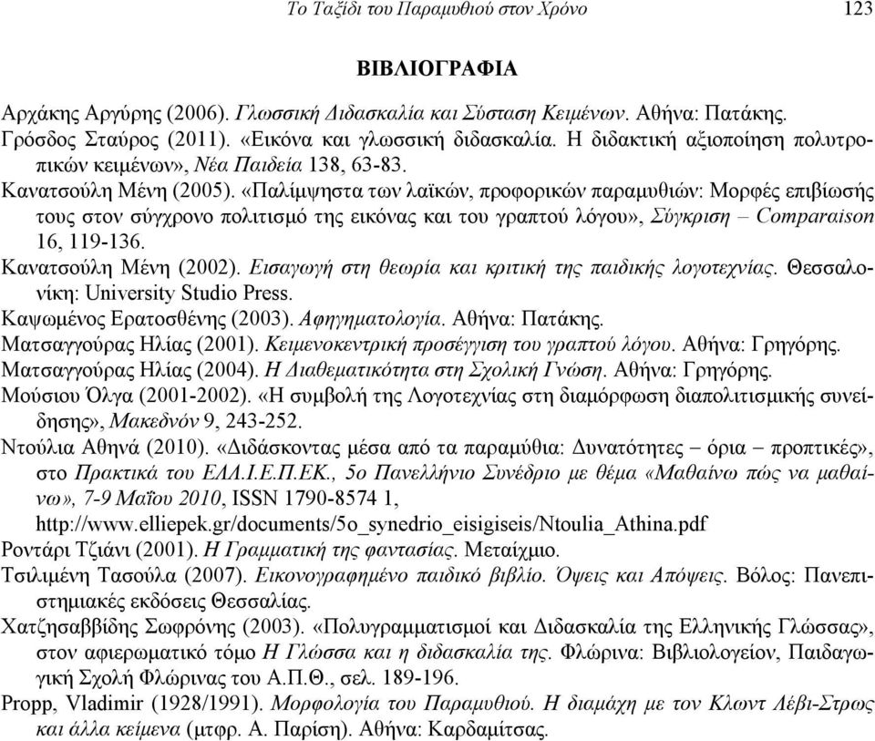 «Παλίμψηστα των λαϊκών, προφορικών παραμυθιών: Μορφές επιβίωσής τους στον σύγχρονο πολιτισμό της εικόνας και του γραπτού λόγου», Σύγκριση Comparαison 16, 119-136. Κανατσούλη Μένη (2002).