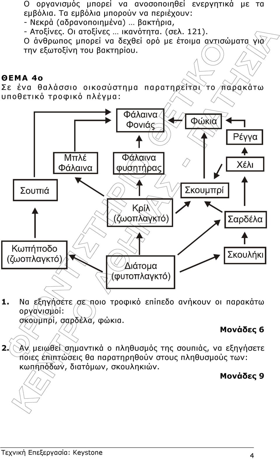 ΘΕΜΑ 4ο Σε ένα θαλάσσιο οικοσύστηµα παρατηρείται το παρακάτω υποθετικό τροφικό πλέγµα: 1.