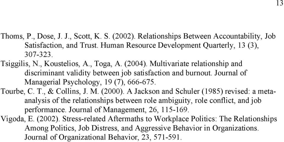 M. (2000). A Jackson and Schuler (1985) revised: a metaanalysis of the relationships between role ambiguity, role conflict, and job performance. Journal of Management, 26, 115-169. Vigoda, E.