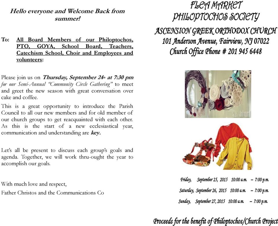 Anderson Avenue, Fairview, NJ 07022 Church Office Phone # 201 945 6448 Please join us on Thursday, September 24 th at 7:30 pm for our Semi-Annual Community Circle Gathering to meet and greet the new