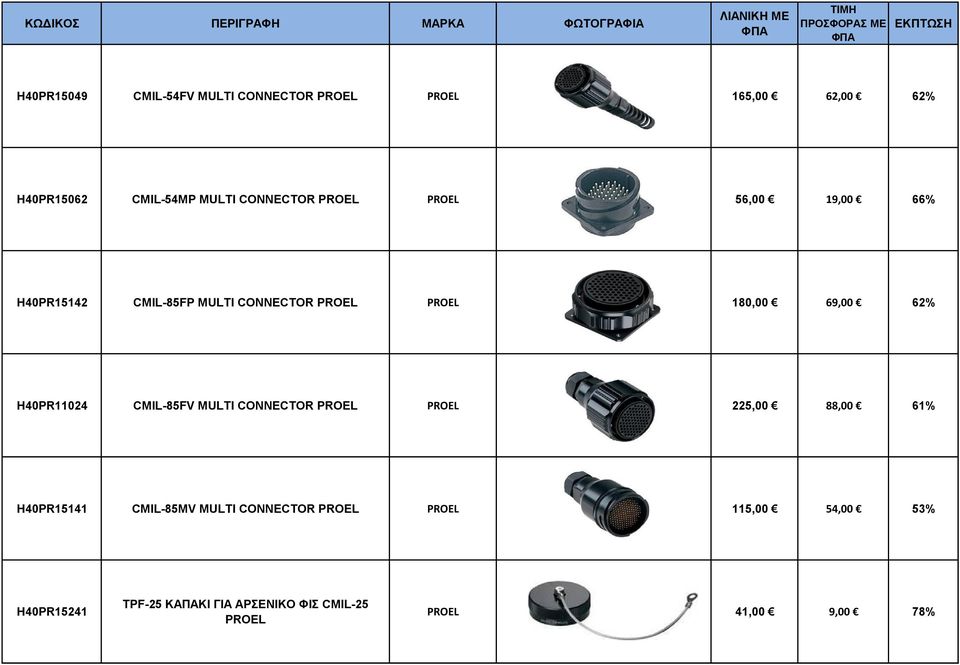 62% H40PR11024 CMIL-85FV MULTI CONNECTOR PROEL PROEL 225,00 88,00 61% H40PR15141 CMIL-85MV MULTI