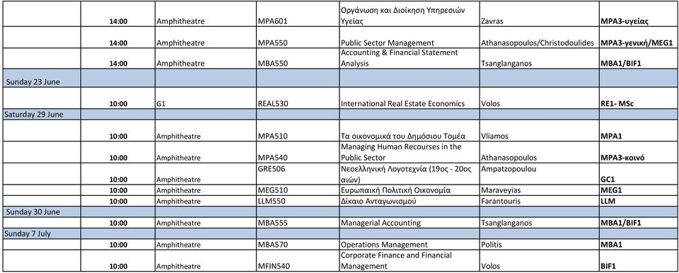 RE1- MSc 10:00 Amphitheatre MPA510 Τα οικονομικά του Δημόσιου Τομέα Vliamos MPA1 10:00 Amphitheatre MPA540 Managing Human Recourses in the Public Sector Athanasopoulos MPA3-κοινό 10:00 Amphitheatre