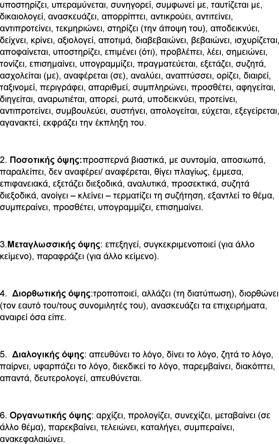 εξετάζει, συζητά, ασχολείται (με), αναφέρεται (σε), αναλύει, αναπτύσσει, ορίζει, διαιρεί, ταξινομεί, περιγράφει, απαριθμεί, συμπληρώνει, προσθέτει, αφηγείται, διηγείται, αναρωτιέται, απορεί, ρωτά,
