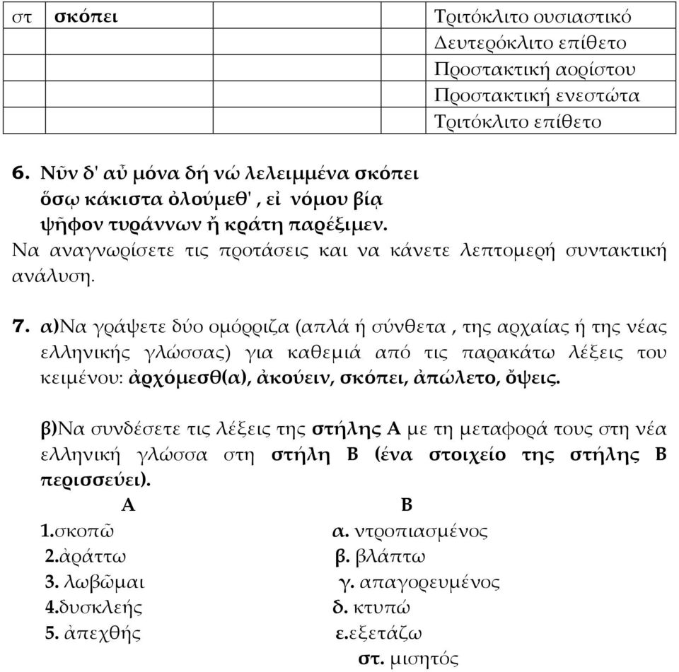 α)να γράψετε δύο ομόρριζα (απλά ή σύνθετα, της αρχαίας ή της νέας ελληνικής γλώσσας) για καθεμιά από τις παρακάτω λέξεις του κειμένου: ἀρχόμεσθ(α), ἀκούειν, σκόπει, ἀπώλετο, ὄψεις.