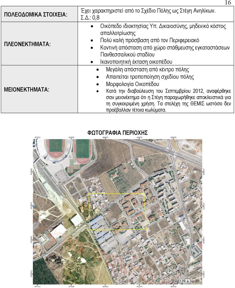 Ικανοποιητική έκταση οικοπέδου Μεγάλη απόσταση από κέντρο πόλης Απαιτείται τροποποίηση σχεδίου πόλης Μορφολογία Οικοπέδου Κατά την διαβούλευση του Σεπτεμβρίου