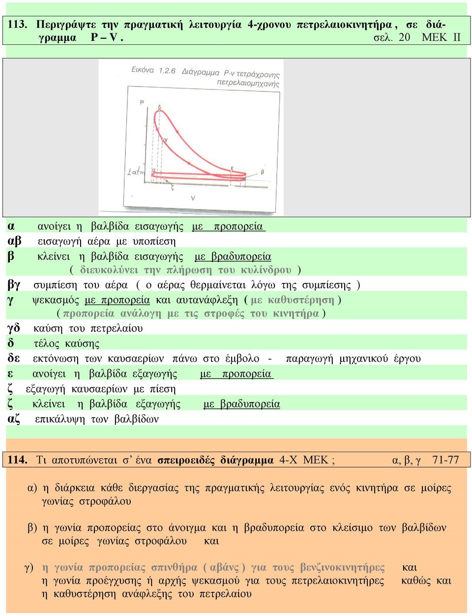θερμαίνεται λόγω της συμπίεσης ) γ ψεκασμός με προπορεία και αυτανάφλεξη ( με καθυστέρηση ) ( προπορεία ανάλογη με τις στροφές του κινητήρα ) γδ καύση του πετρελαίου δ τέλος καύσης δε εκτόνωση των