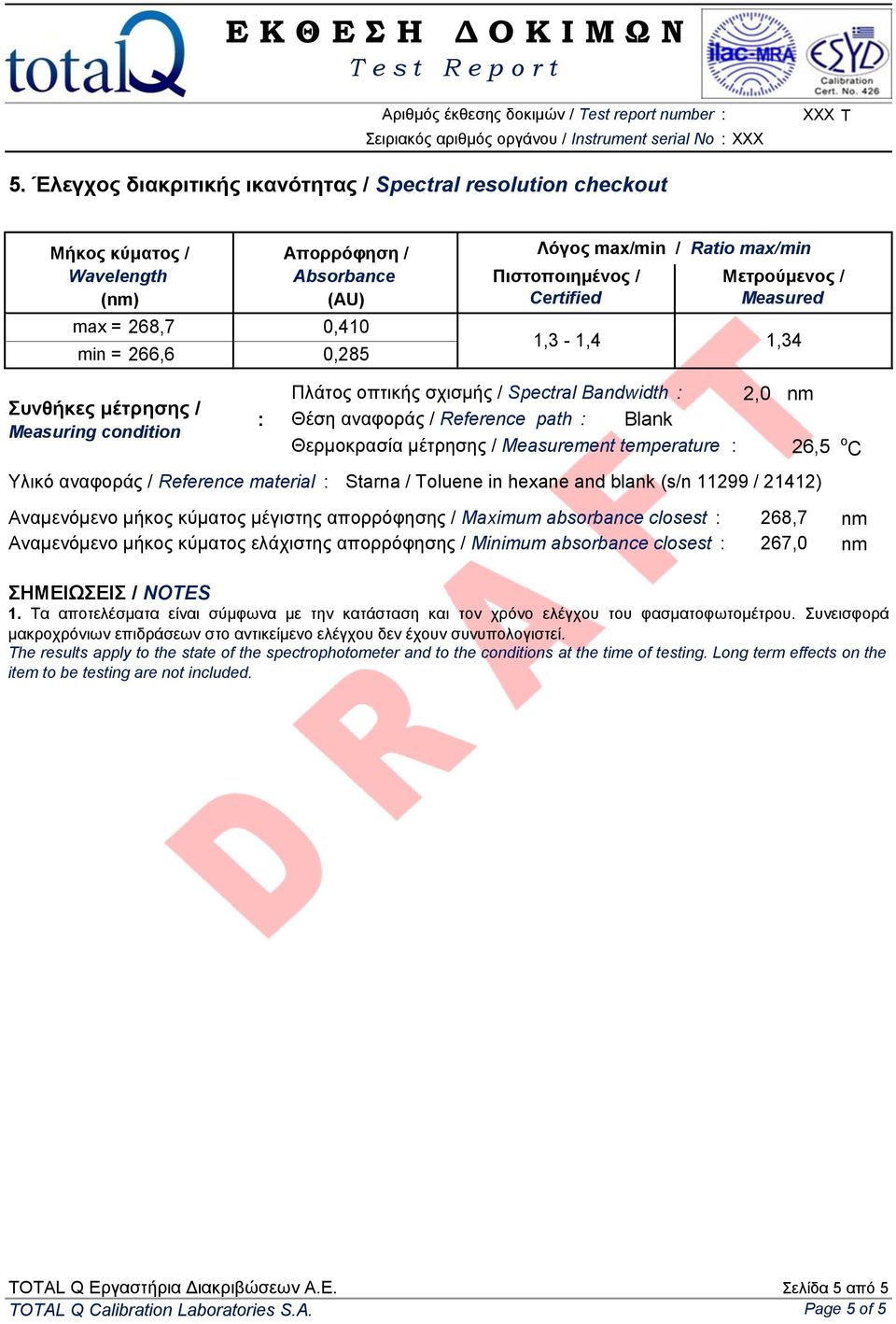 / Certified Μεηπούμενορ / Measured 1,3-1,4 1,34 Πλάηος οπηικής ζτιζμής / Spectral Bandwidth Θέζη αναθοράς / Reference path Blank Θερμοκραζία μέηρηζης / Measurement temperature 26,5 o C Υλικό αναθοπάρ