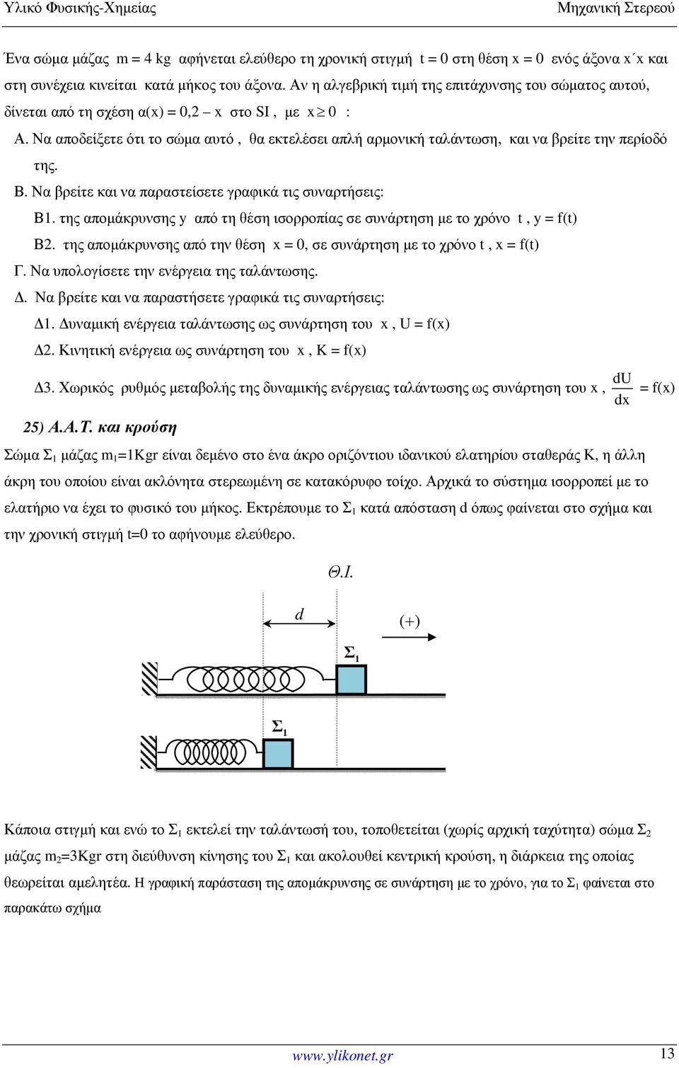 Να αποδείξετε ότι το σώµα αυτό, θα εκτελέσει απλή αρµονική ταλάντωση, και να βρείτε την περίοδό της. Β. Να βρείτε και να παραστείσετε γραφικά τις συναρτήσεις: Β1.