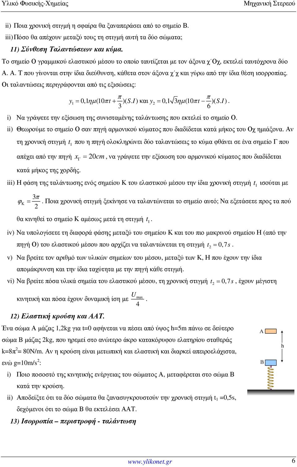 Οι ταλαντώσεις περιγράφονται από τις εξισώσεις: π π y1 = 0,1 ηµ (10 πt+ )( S. I ) και y2 = 0,1 3 ηµ (10 πt )( S. I ). 3 6 i) Να γράψετε την εξίσωση της συνισταµένης ταλάντωσης που εκτελεί το σηµείο Ο.