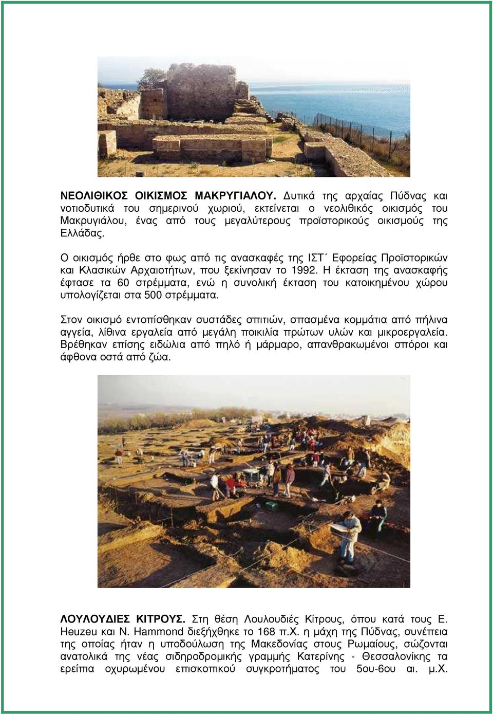 Ο οικισµός ήρθε στο φως από τις ανασκαφές της ΙΣΤ Εφορείας Προϊστορικών και Κλασικών Αρχαιοτήτων, που ξεκίνησαν το 1992.
