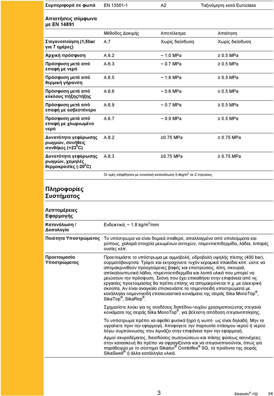 5 MPa επαφή με νερό θερμική γήρανση κύκλους πήξης/τήξης επαφή με ασβεστόνερο επαφή με χλωριωμένο νερό Δυνατότητα γεφύρωσης ρωγμών, συνήθεις συνθήκες (+23 0 C) Δυνατότητα γεφύρωσης ρωγμών, χαμηλές