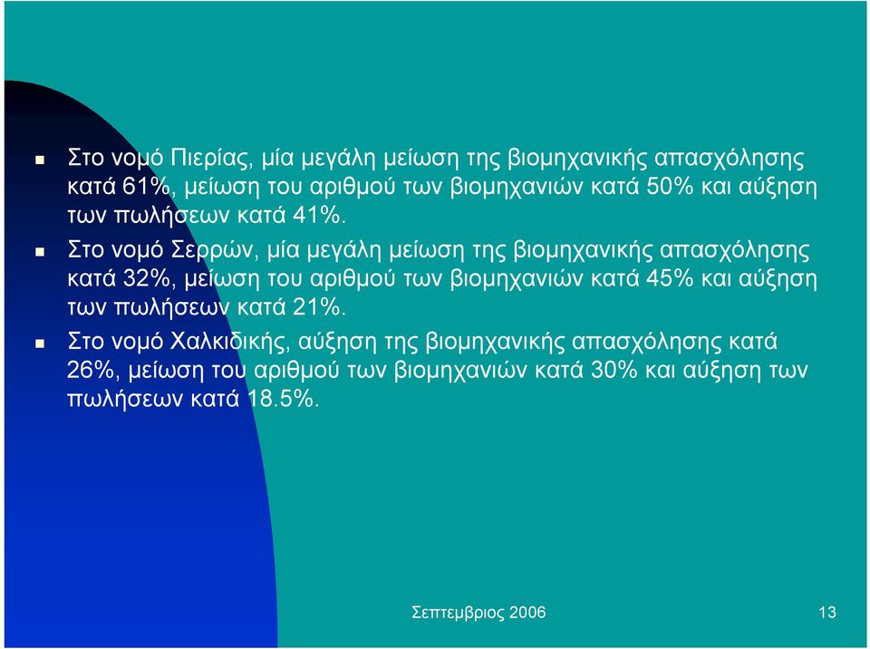 Στο νοµό Σερρών, µία µεγάλη µείωση της βιοµηχανικής απασχόλησης κατά 32%, µείωση του αριθµού των βιοµηχανιών κατά 45%