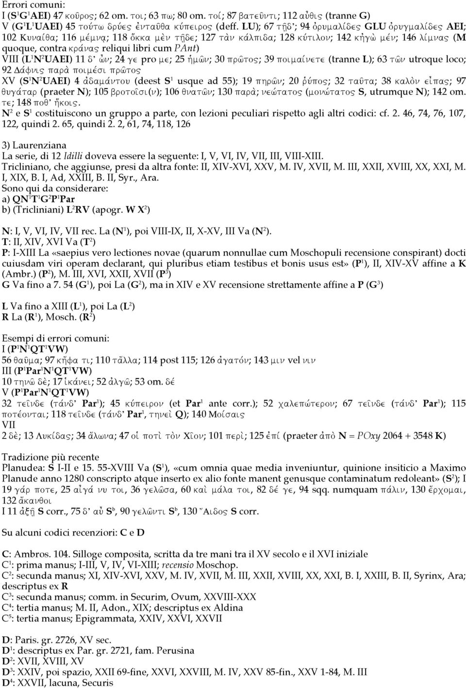 reliqui libri cum PAnt) VIII (L 1 N 2 UAEI) 11 d w\n; 24 ge pro me; 25 hjmw'n; 30 prw'to"; 39 poimaivnete (tranne L); 63 tw'n utroque loco; 92 Davfni" para; poimevsi prw'to" XV (S 1 N 2 UAEI) 4