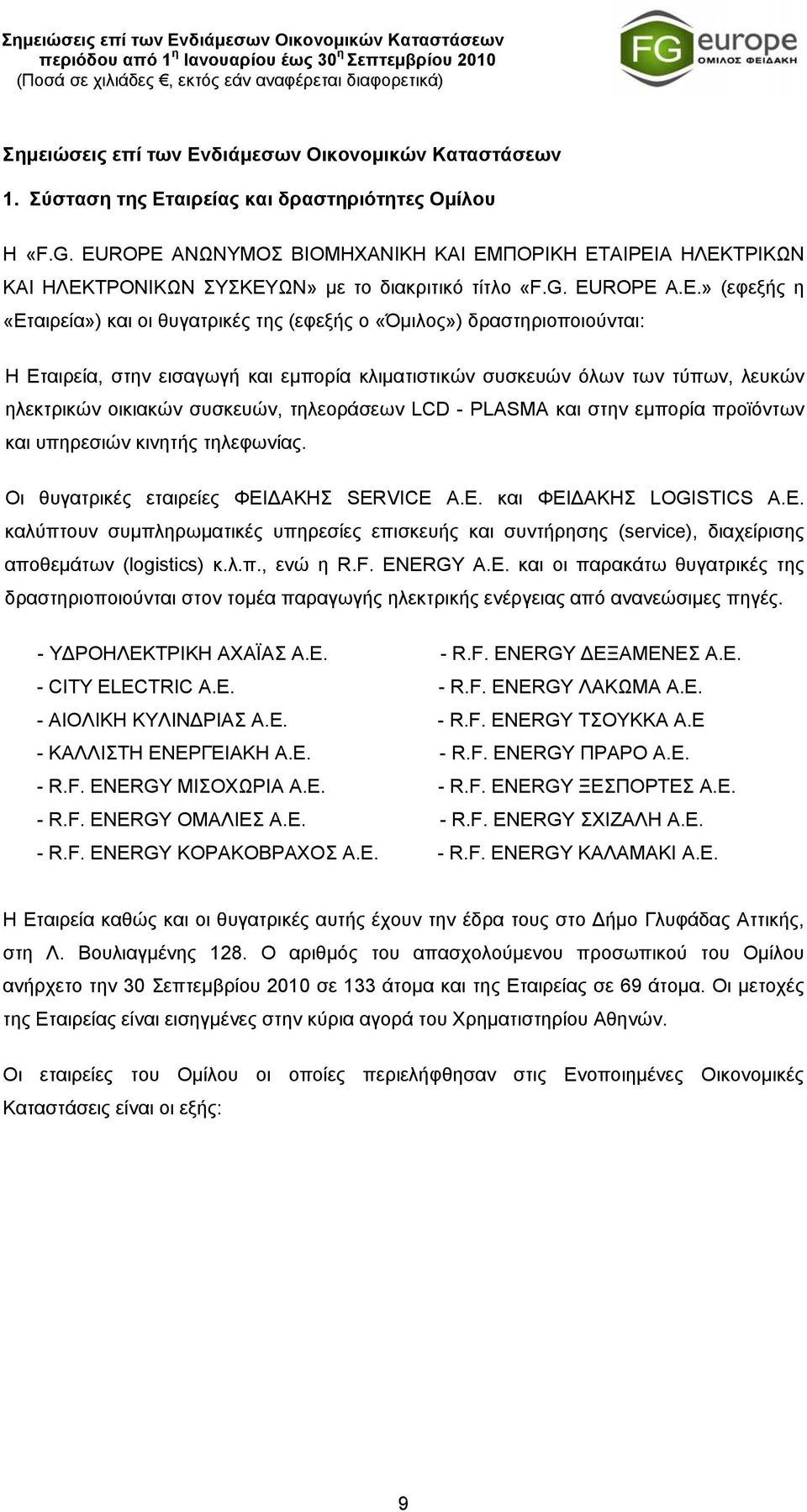 δραστηριοποιούνται: Η Εταιρεία, στην εισαγωγή και εμπορία κλιματιστικών συσκευών όλων των τύπων, λευκών ηλεκτρικών οικιακών συσκευών, τηλεοράσεων LCD - PLASMA και στην εμπορία προϊόντων και υπηρεσιών