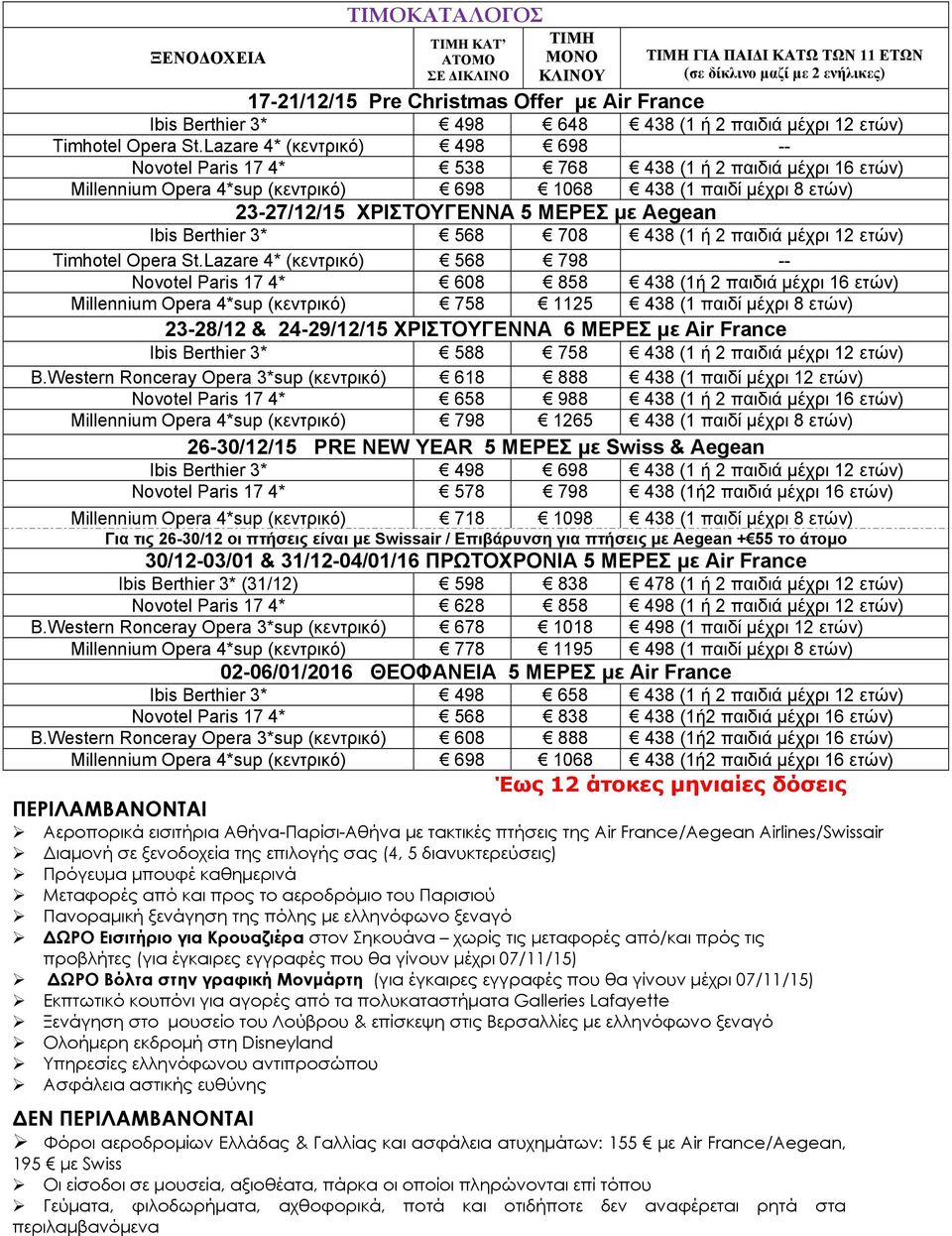 Lazare 4* (κεντρικό) 498 698 -- Novotel Paris 17 4* 538 768 438 (1 ή 2 παιδιά μέχρι 16 ετών) Μillennium Opera 4*sup (κεντρικό) 698 1068 438 (1 παιδί μέχρι 8 ετών) 23-27/12/15 XΡΙΣΤΟΥΓΕΝΝΑ 5 ΜΕΡΕΣ με