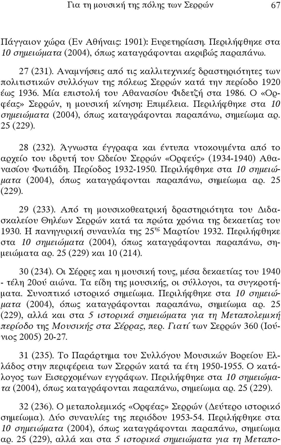 Ο «Ορφέας» Σερρών, η μουσική κίνηση: Επιμέλεια. Περιλήφθηκε στα 10 σημειώματα (2004), όπως καταγράφονται παραπάνω, σημείωμα αρ. 25 (229). 28 (232).