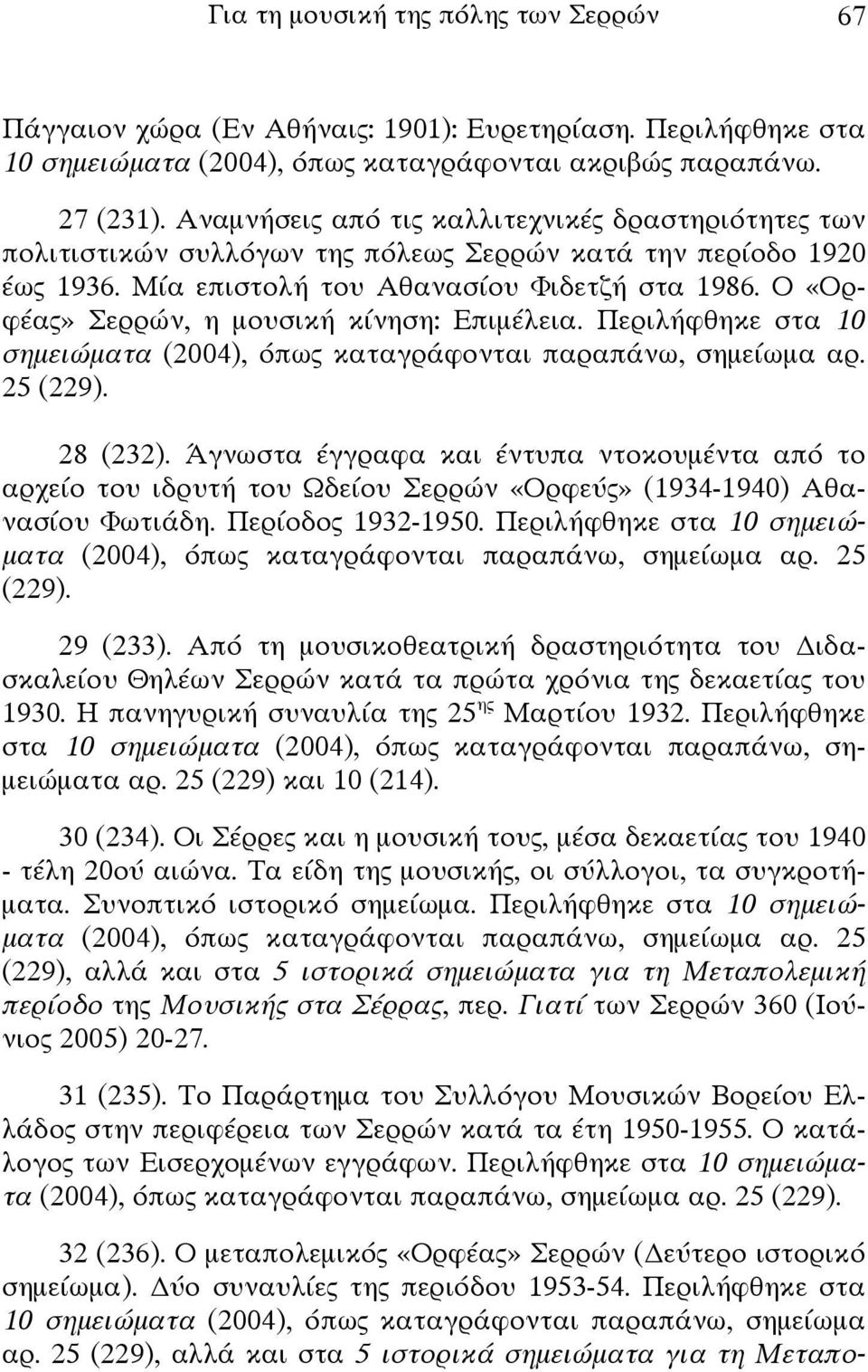 Ο «Ορφέας» Σερρών, η μουσική κίνηση: Επιμέλεια. Περιλήφθηκε στα 10 σημειώματα (2004), όπως καταγράφονται παραπάνω, σημείωμα αρ. 25 (229). 28 (232).