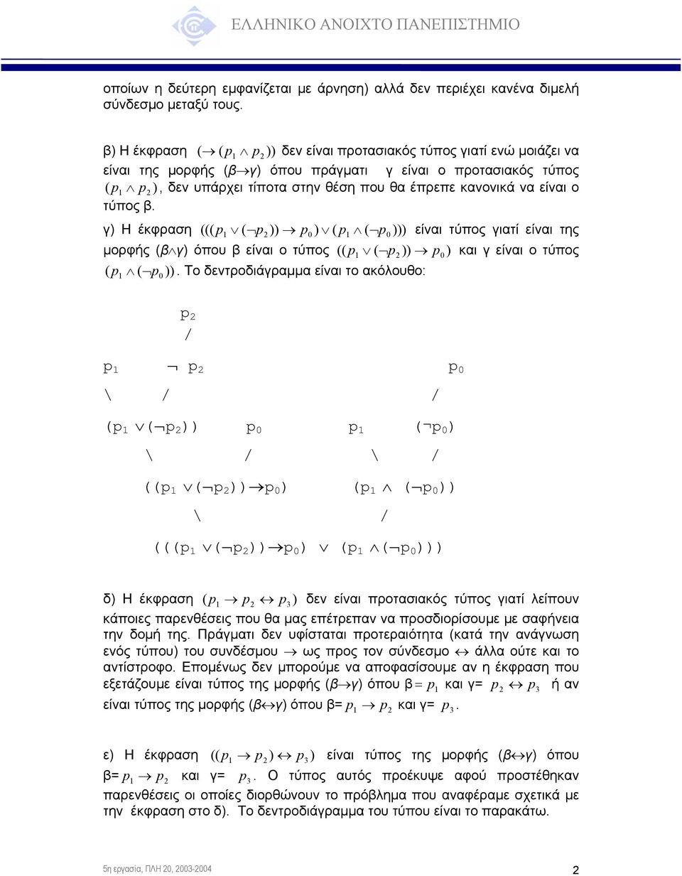 κανονικά να είναι ο τύπος β. γ) Η έκφραση ((( p ( p2 )) p0 ) ( p ( p0 ))) είναι τύπος γιατί είναι της µορφής (β γ) όπου β είναι ο τύπος (( p ( p2 )) p 0 ) και γ είναι ο τύπος p ( )).